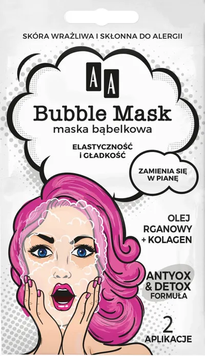 AA Bubble Mask, Maska bąbelkowa `Elastyczność i gładkość olej arganowy + kolagen`