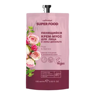 Cafe Mimi Superfood, Pieniący się kremowy mus do twarzy i dekoltu `Róża i oregano `