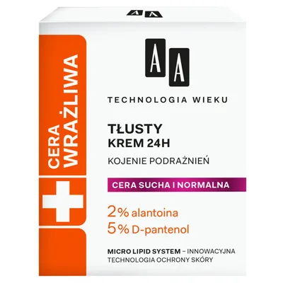 AA Technologia Wieku, Cera wrażliwa, Tłusty krem 24h `Kojenie podrażnień`