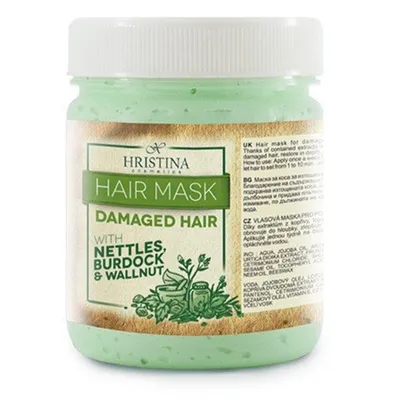 Hristina Damaged Hair Hair Mask with Nettles, Burdock & Wallnut (Naturalna maska z pokrzywy, orzecha, łopianu do włosów zniszczonych)