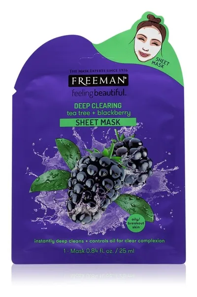 Freeman Feeling Beautiful, Deep Clearing Tea Tree + Blackberry Sheet Mask (Platynowa maska z oczyszczającym efektem)