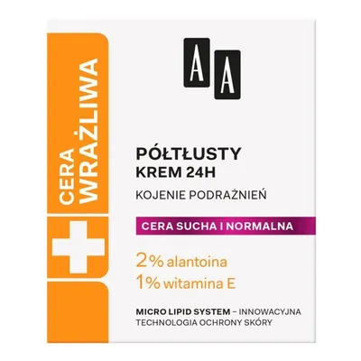 AA Cera wrażliwa, Krem półtłusty 24 H cera sucha i normalna `Kojenie podrażnień` (nowa wersja)