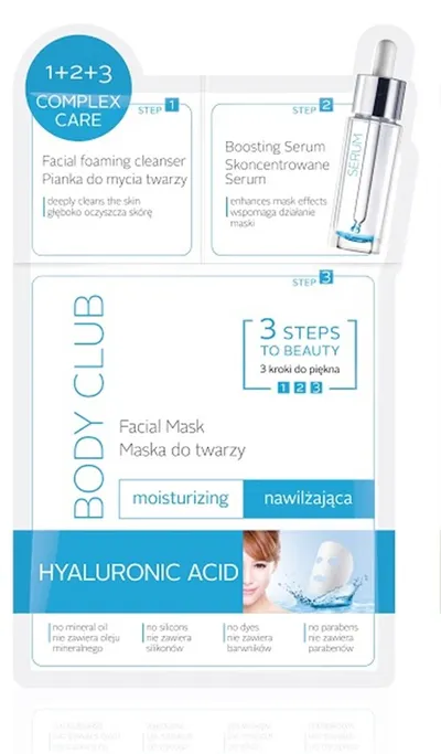 Body Club 3 Steps to Beauty 1 + 2 + 3 Complex Care, Hydrating Facial Mask Hyaluronic Acid (3 kroki do piękna, Maska do twarzy nawilżająca)
