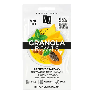 AA Granola Bowls, Zabieg 2-etapowy odżywczo-nawilżający peeling + maska cera sucha i odwodniona