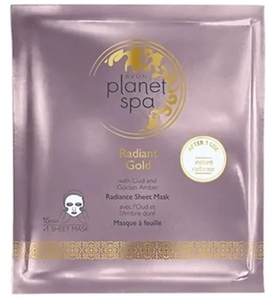 Avon Planet Spa, Radiant Gold Radiance Sheet Mask (Rozświetlająca maska do twarzy w płachcie z olejkiem oud i bursztynem)