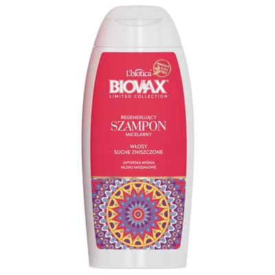 L'biotica Biovax Limited Collection, Japońska Wiśnia i Mleko Migdałowe, Regenerujący szampon do włosów suchych i zniszczonych