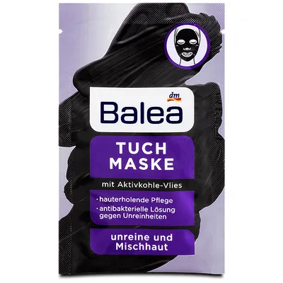 Balea Tuchmaske mit Aktivkohle -Vlies (Bawełniana jednorazowa maseczka oczyszczająca z węglem i kwasem salicylowym do skóry mieszanej i skłonnej do zanieczyszczeń)