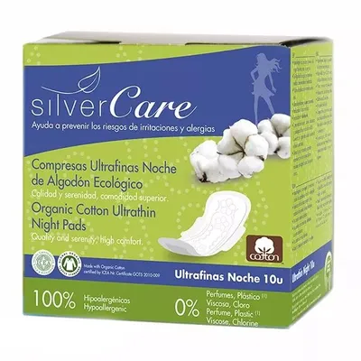 Silver Care Organic Cotton Ultrathin Night Pads (Podpaski ultra cienkie z organicznej bawełny ze skrzydełkami na noc)