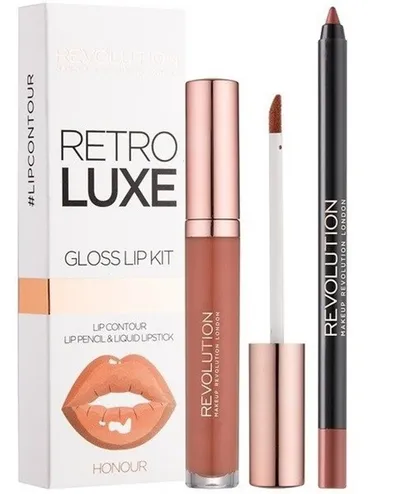 Revolution Beauty (Makeup Revolution) Retro Luxe, Gloss Lip Kit (Połyskujący zestaw błyszczyk i konturówka)
