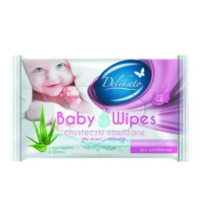 Delikato Baby Wipes Sensitive, Chusteczki nawilżane dla dzieci i niemowląt z wyciągiem z aloesu