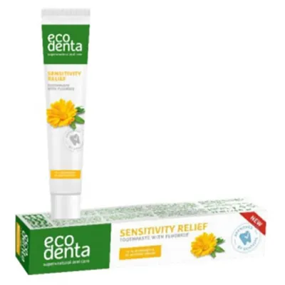 Ecodenta Basic, Sensitivity Relief Toothpaste with Fluoride (Pasta do zębów łagodząca wrażliwość z nagietkiem, rumiankiem i awokado)