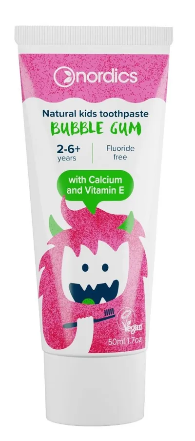 Nordics Bubble Gum, Natural kids tooth Paste (Guma balonowa, Naturalna pasta do zębów dla dzieci)