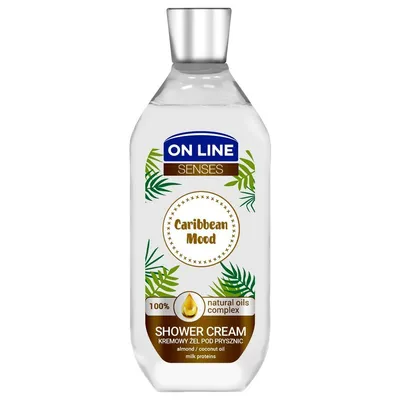 On Line Senses, Caribbean Mood, Shower Cream (Kremowy żel pod prysznic `Olejek migdałowy i kokosowy z proteinami mleka`)