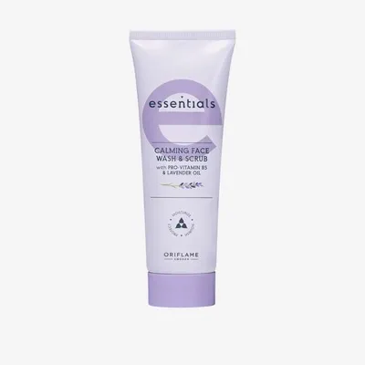 Oriflame Essentials,  Calming Face Wash & Scrub (Kojący żel złuszczający do mycia twarzy Essentials z prowitaminą B5 i olejkiem lawendowym)
