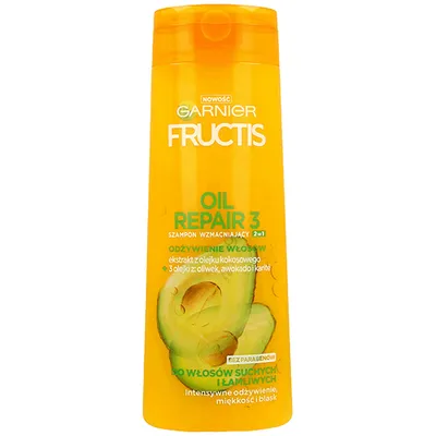 Garnier Fructis, Oil Repair 3, Szampon wzmacniający 2 w 1 do włosów suchych i łamliwych (nowa wersja)