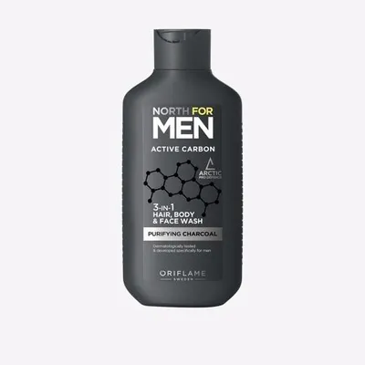 Oriflame North for Men, Active Carbon 3-in-1 Hair, Body & Face Wash Puryfying Charcoal (Żel pod prysznic 3 w 1 do włosów, ciała i twarzy)