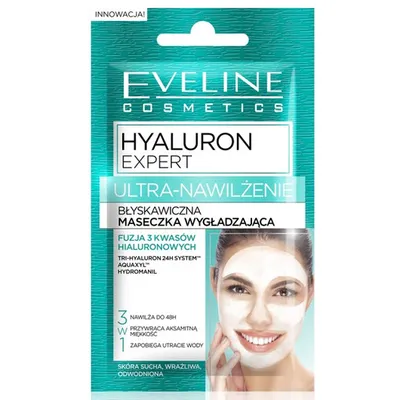 Eveline Cosmetics Hyaluron Expert, Ultra-nawilżenie, Błyskawiczna maseczka wygładzająca 3 w 1