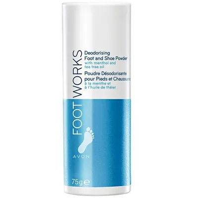 Avon Foot Works, Deodorising Foot and Shoe Powder (Mentolowy puder do stóp i obuwia z ochroną przeciwzapachową)