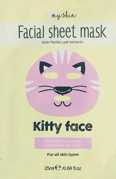 Action My Skin, Facial Sheet Mask with Perilla Leaf Extracts Kitty Face (Maseczka na twarz z ekstraktem z pachnotki `Kot`)