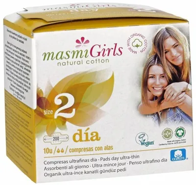 Masmi Girls, Ultracienkie bawełniane wkładki higieniczne ze skrzydełkami dla nastolatek rozmiar 2