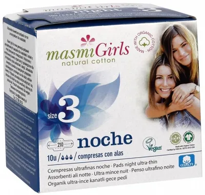 Masmi Girls, Ultracienkie bawełniane podpaski higieniczne na noc ze skrzydełkami dla nastolatek rozmiar 3