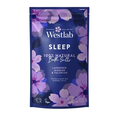 Westlab Sleep, Lavender, Jasmine & Valerian Barh Salt 9 Uspokajająca sól do kąpieli z lawendą, jaśminem i walerianą)