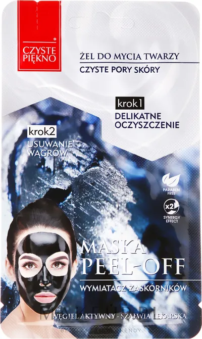 Czyste Piękno Maska peel-off z aktywnym węglem i szałwią lekarską ` Wymiatacz zaskórników` + żel myący do twarzy `Czyste pory skóry`