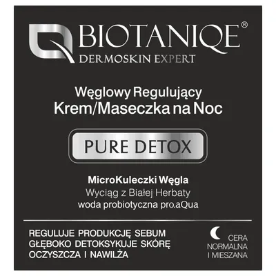 Biotaniqe Pure Detox, Węglowy regulujący krem/maseczka na noc cera normalna i mieszana