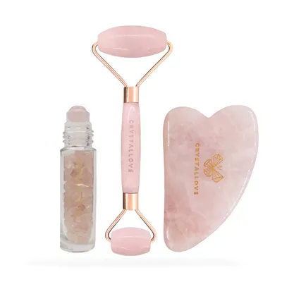 CrystalLove Rose Quartz Beauty Set (Roller do twarzy z kwarcu różowego + płytka gua sha + buteleczka roll-on)