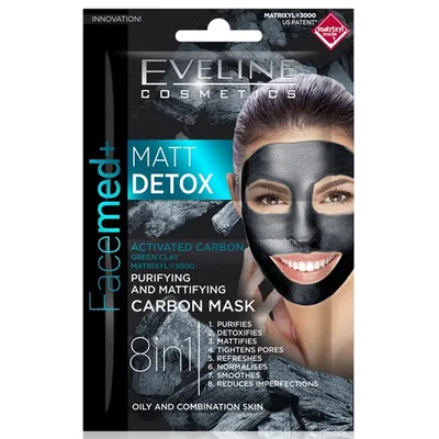 Eveline Cosmetics Facemed +, Matt Detox, Oczyszczająco-matująca maska węglowa 8 w 1