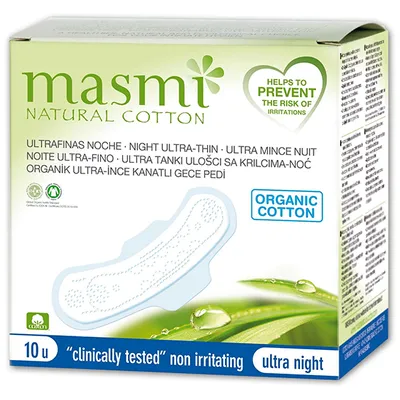 Masmi Natural Cotton, Sanitary Towels Ultra Night (Ultra cienkie podpaski na noc ze skrzydełkami)