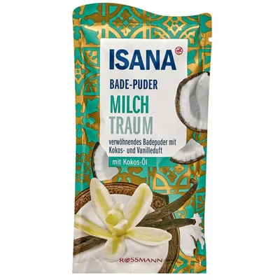 Isana Dein Milchtraum, Badepuder mit Kokos Öl (Puder do kąpieli o zapachu kokosowo-waniliowym `Mleczne marzenie - Milky Dream`)