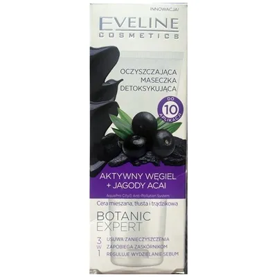 Eveline Cosmetics Botanic Expert, Oczyszczająca maseczka detoksykująca 3 w 1 `Aktywny węgiel + jagody acai`