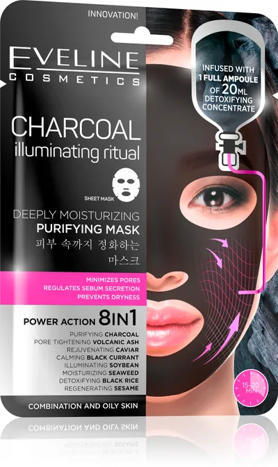 Eveline Cosmetics Charcoal Illuminating Ritual, Sheet Mask (Węglowy rytuał rozświetlający)