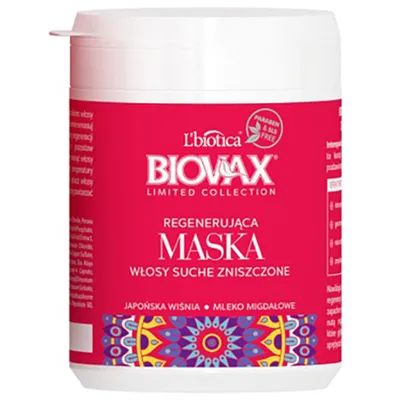 L'biotica Biovax Limited Collection, Japońska Wiśnia i Mleko Migdałowe, Regenerująca maska do włosów suchych i zniszczonych