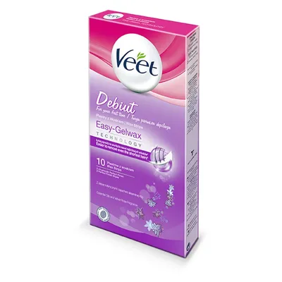 Veet Debiut Easy-Gelwax Technology Wax Strips (Zestaw 10 plastrów do depilacji z woskiem + 2 chusteczki)