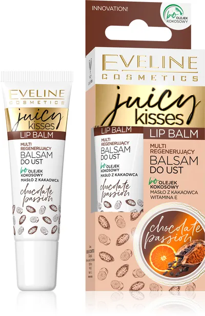 Eveline Cosmetics Juicy Kisses Chocolate Passion Lip Balm (Multi regenerujący balsam do ust z masłem z kakaowca i pomarańczy)