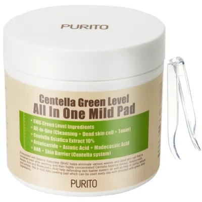 Purito Centella Green Level All in One Mild Pad (Wielozadaniowe waciki oczyszczające nasączone są wyciągiem z wąkroty azjatyckiej)