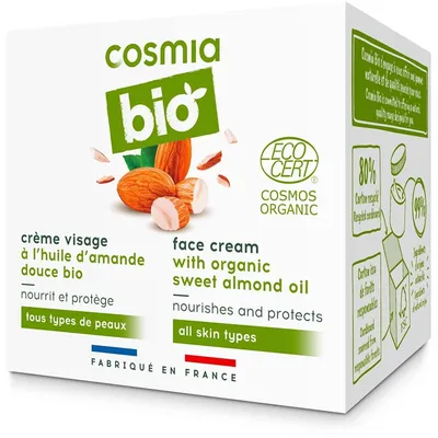 Cosmia Bio, Creme Visage Hydratante Amande Douce Bio Tous Types de Peaux (Krem nawilżający do twarzy z organicznym olejem ze słodkich migdałów do wszystkich rodzajów skóry)