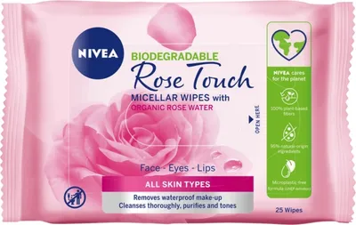 Nivea Rose Touch, Chusteczki do demakijażu twarzy biodegradowalne z organiczną wodą różaną