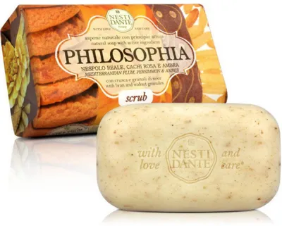 Nesti Dante Philosophia Scrub Mediterranean Plum Persimmon & Amber Natural Soap with Bran and Walnut Granules (Naturalne mydło toaletowe z drobinkami otrębów i orzecha  o zapachu śródziemnomorskiej śliwki, kaki i ambry)