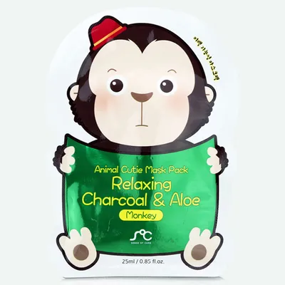 SOC (Sense Of Care) Monkey, Relaxing Charcoal & Aloe, Animal Cutie Mask Pack (Releksująco-oczyszczająca maska w płachcie)