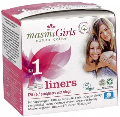 Masmi Girls, Ultracienkie bawełniane wkładki higieniczne ze skrzydełkami dla nastolatek rozmiar 1