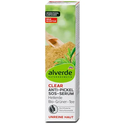 Alverde Clear Anti-Pickel SOS Serum Heilerde Bio Gruener Tee (Serum punktowe przeciw pryszczom dla cery zanieczyszczonej z glinką i zieloną herbatą)