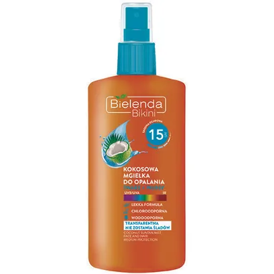 Bielenda Bikini, Kokosowa mgiełka do opalania twarz + włosy SPF 15