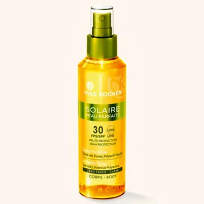 Yves Rocher Solaire Peau Parfaite, Spray Invisible SPF 30 (Bezbarwny spray do opalania z wyciągiem z mikołajka nadmorskiego)