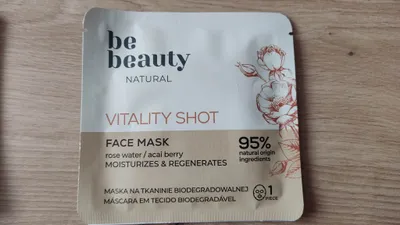 bebeauty Natural, Regenerująca maska do twarzy na tkaninie biodegradowalnej `Vitality shot - woda różana i acai`