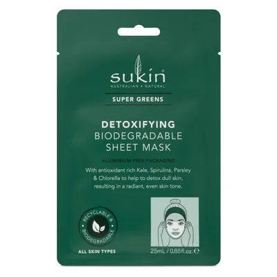 Sukin Super Greens, Detoxifying Biodegradable Sheet Mask (Biodegradowalna detoksykująca maska w płachcie)