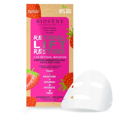 Biovene Barcelona Retinol Lift Restore, Moisture-Barrier Organic Strawberry Biodegradable Sheet Mask (Nawilżająca maseczka w płachcie z retinolem)