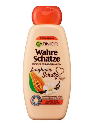 Garnier Wahre Schätze, Langhaar Schatz mit Vanillemilch & Papaya, Seidiges Pflege Shampoo (Pielęgnujący szampon do długich włosów `Mleczko waniliowe i papaja`)